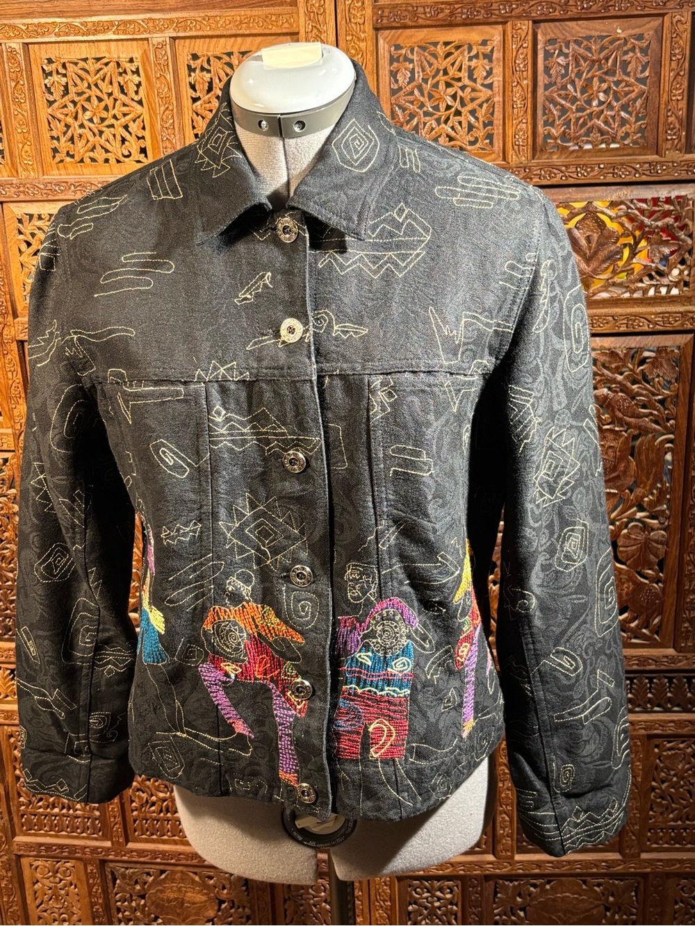 Chico's Black Embroidered Jacket with Multicolor Motifs